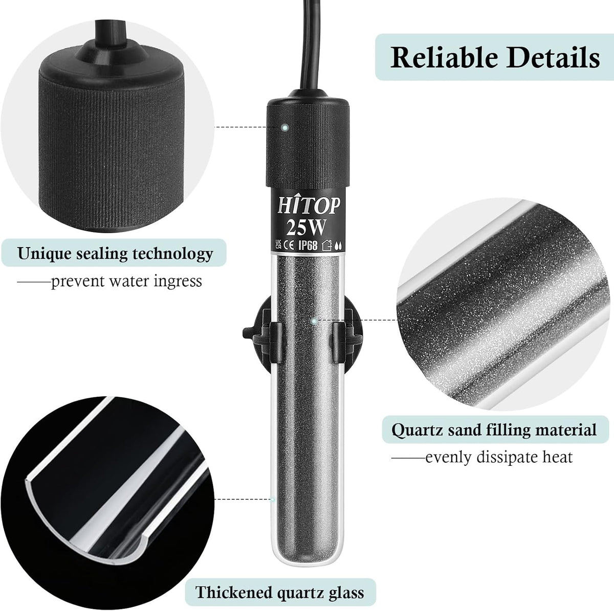 HITOP Mini Submersible Aquarium Heater 50W Digital Heater for Fish - (1-6 Gal)25W - image 4