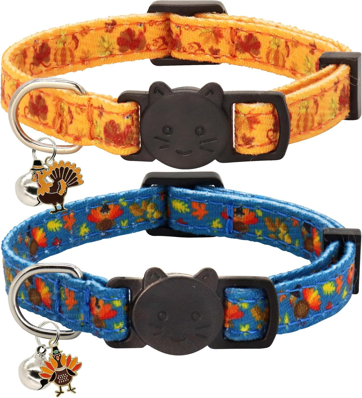 Halloween Cat Collar, Cotton 2 Pack Cat Collar with Bells - Thankgiving / 7-11''