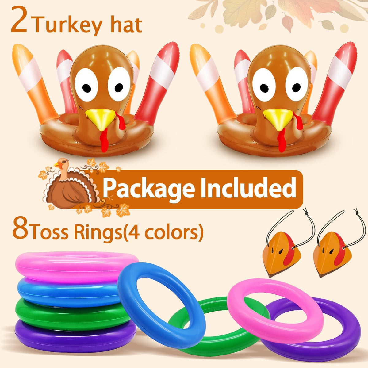 TURNMEON Thanksgiving ring toss game with 2 inflatable turkey hats and 8 colorful rings - view 2
