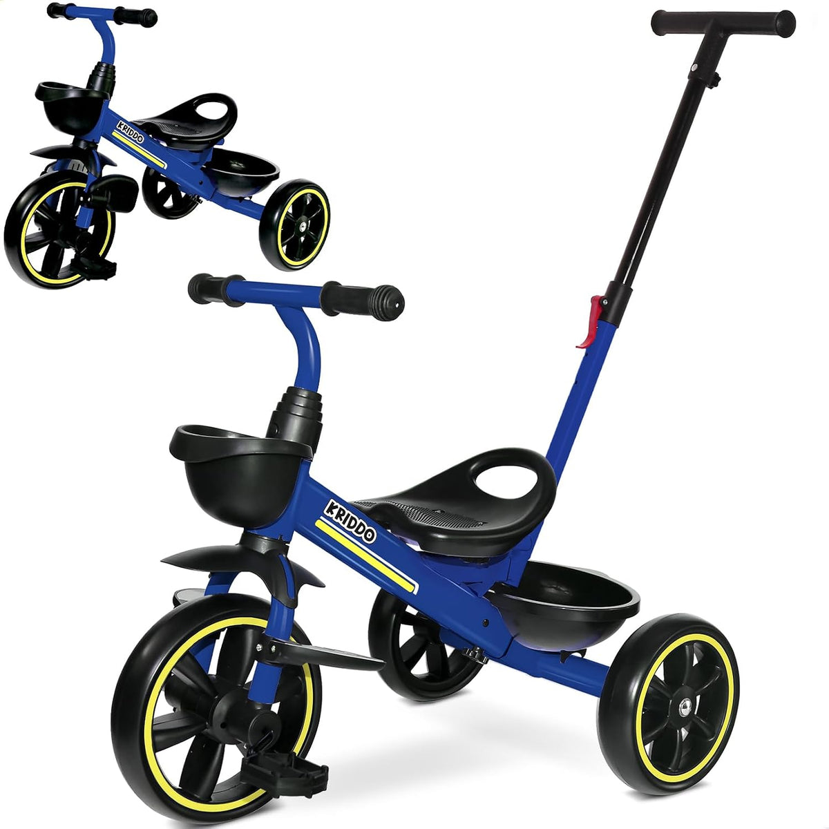 KRIDDO 2-in-1 Toddler Tricycle with Push Handle: Ages 18 Months to 5 - Blue