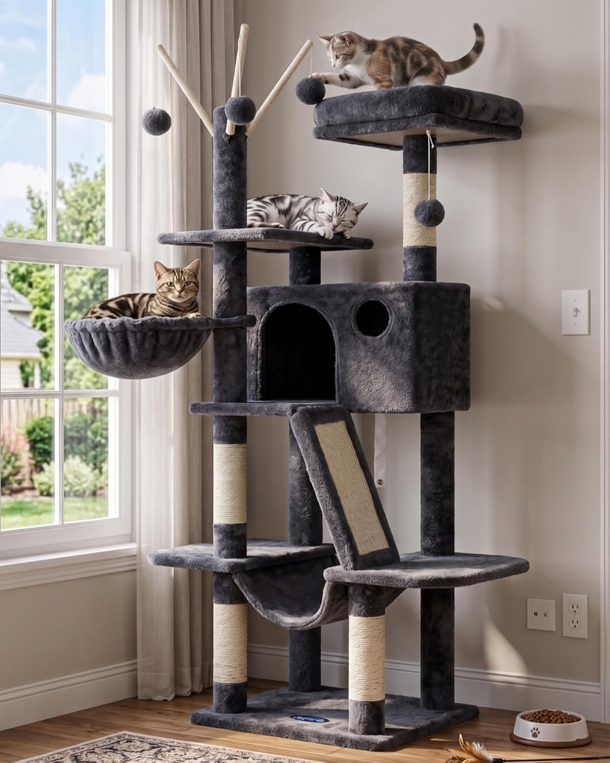 Hey-brother Cat Tree Tower with Padded Platform Bed, Hammock - 53 Inch / Smoky Gray