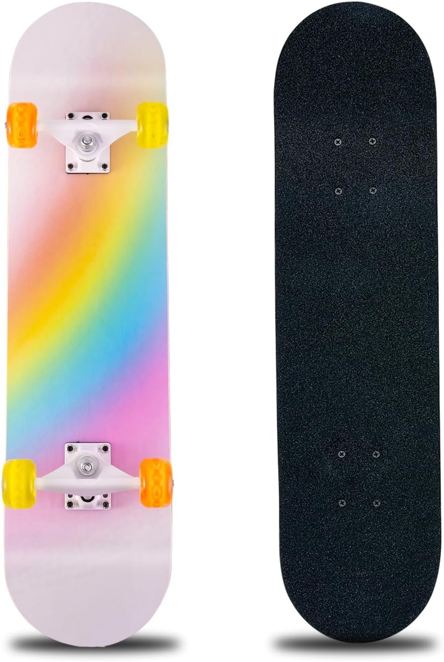 Skateboard,31 x 8 Inch Complete Skateboard, 8-Layer Maple Wood Deck Double Kick Standard - Rainbow-CX