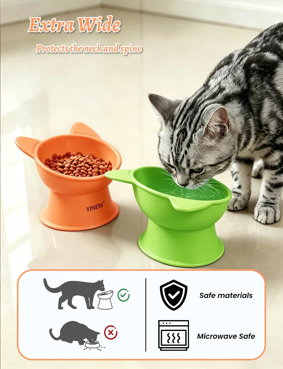 YINEYA 2 Pack Cat Food Bowls Elevated Design for Neck Comfort - Orange&Green - image 3