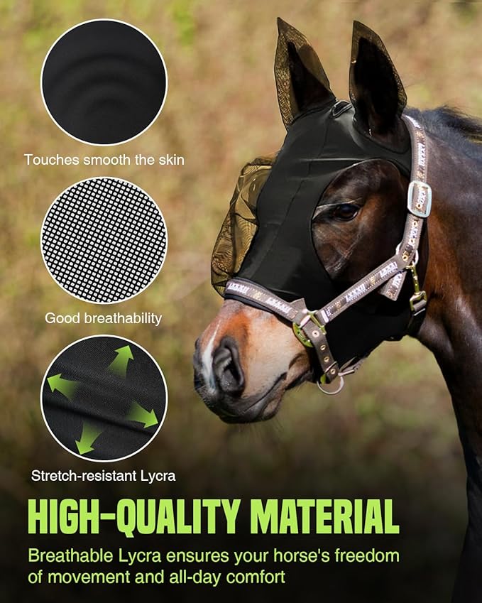 JWODVNTH Fly Masks for Horses with Ears - Large Eye Space, Comfort, UV-Block - Horse Fly Mask for Daily Stable, Hot Weather Riding, and Competition - Pony, Black
