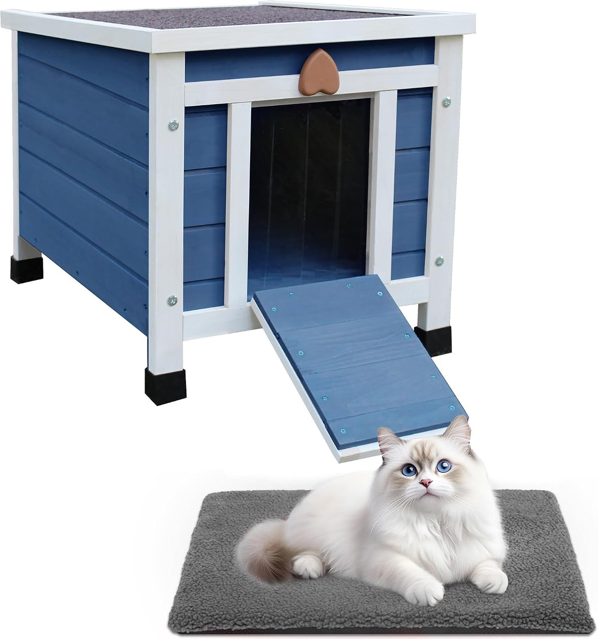 Cat House for Outdoor Cats - Blue(with Mat)