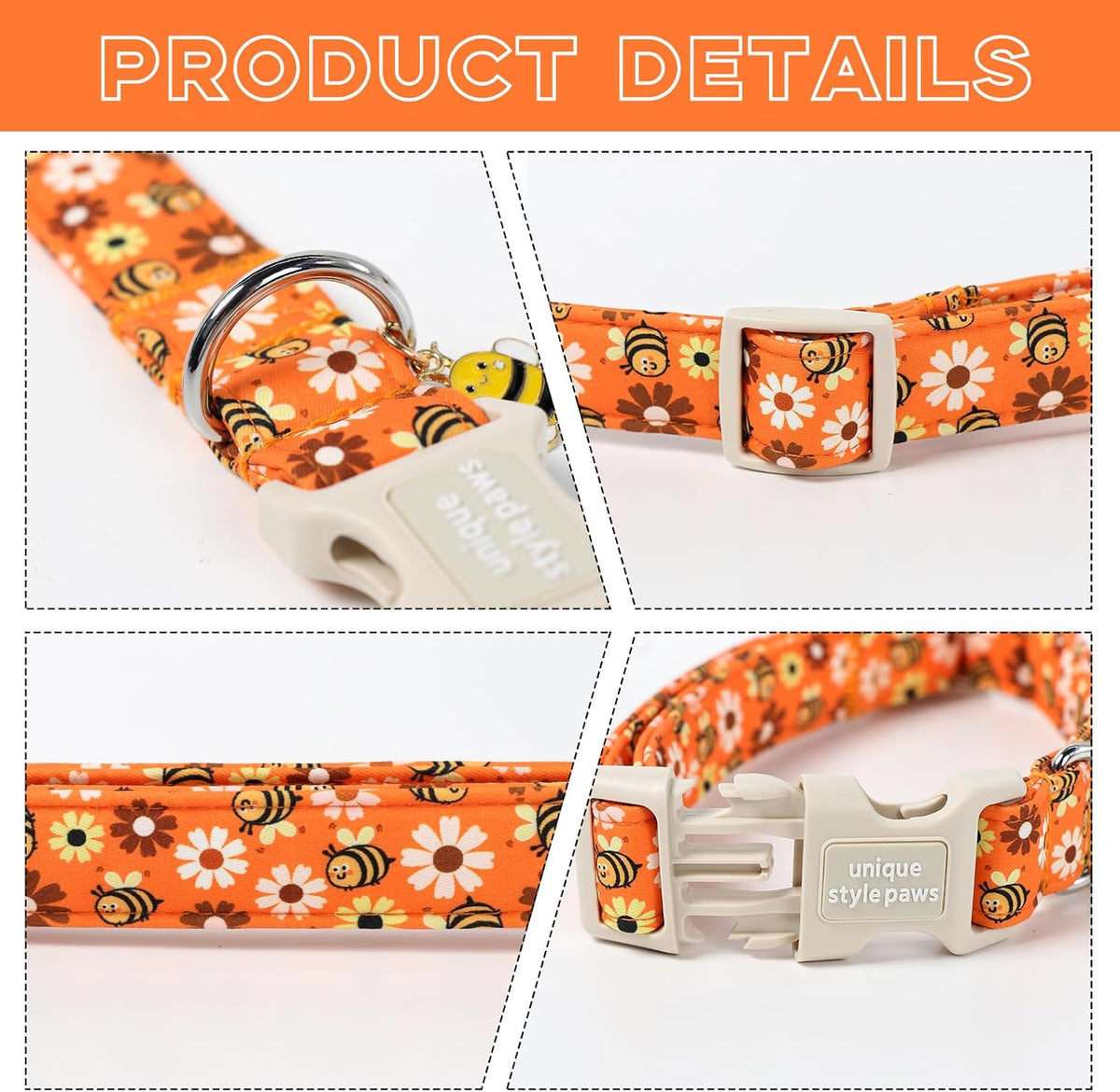 Dog Collar With Metal Buckle, Red Rose Flower Gift for Small - Bee Daisy / XL - image 3