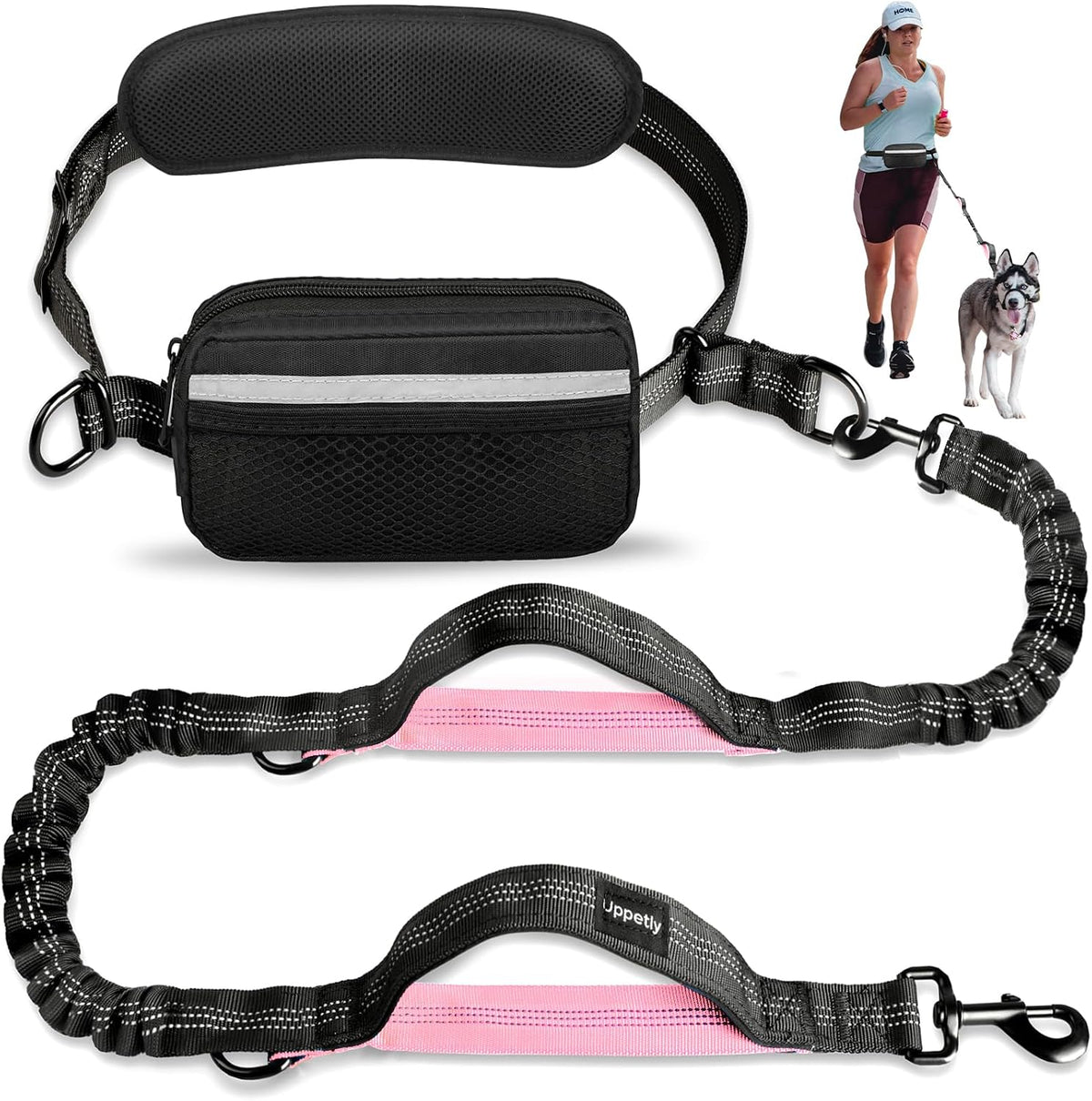 Uppetly Hands Free Dog Running Leash with Waist Belt - 1 dog/Baby Pink / Medium