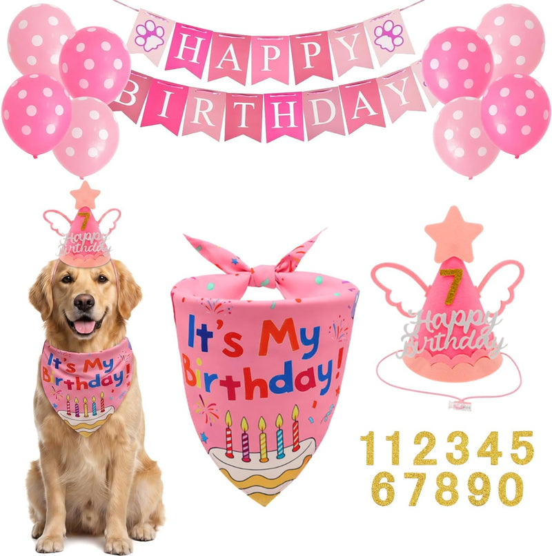 Pink Dog Birthday Bandana Hat Set Girl Large 1PCS Party Outfit – Essentials for Dogs - Red Birthday Dog Bandana / Large