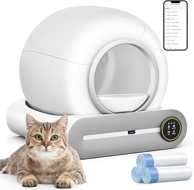 SUANPOT Self Cleaning Cat Litter Box, Automatic Robot Box for Multiple Cats, Smart Self Cleaning with Safety Protection, APP Control, Deodorization and Sterilization, Matte White