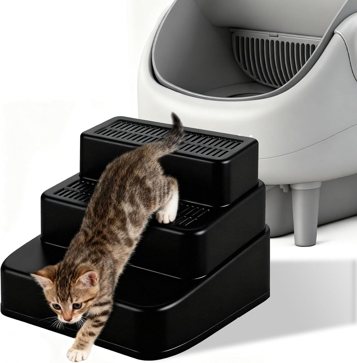 Adjustable Litter Box Step, Cat Ramp for Litter Box, 2 Steps - Black / 3 step