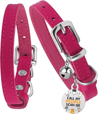 BRONZEDOG Leather Cat Collar with Removable Bells Non Breakaway Kitten QR Tag for Girl Boy (Pink & Silver, 9-12 inch)