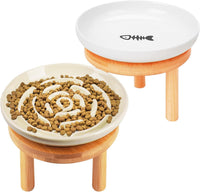 Elevated Slow Feeder Cat Bowls - white apricot / 1 pack slow feeder and 1 flat bowl with stand