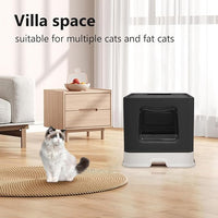 XL Foldable Cat Litter Box with Lid - Jumbo Enclosed Potty - Top Entry Anti-Splashing Toilet - Includes Scoop & 2-in-1 Cleaning Brush (Black)