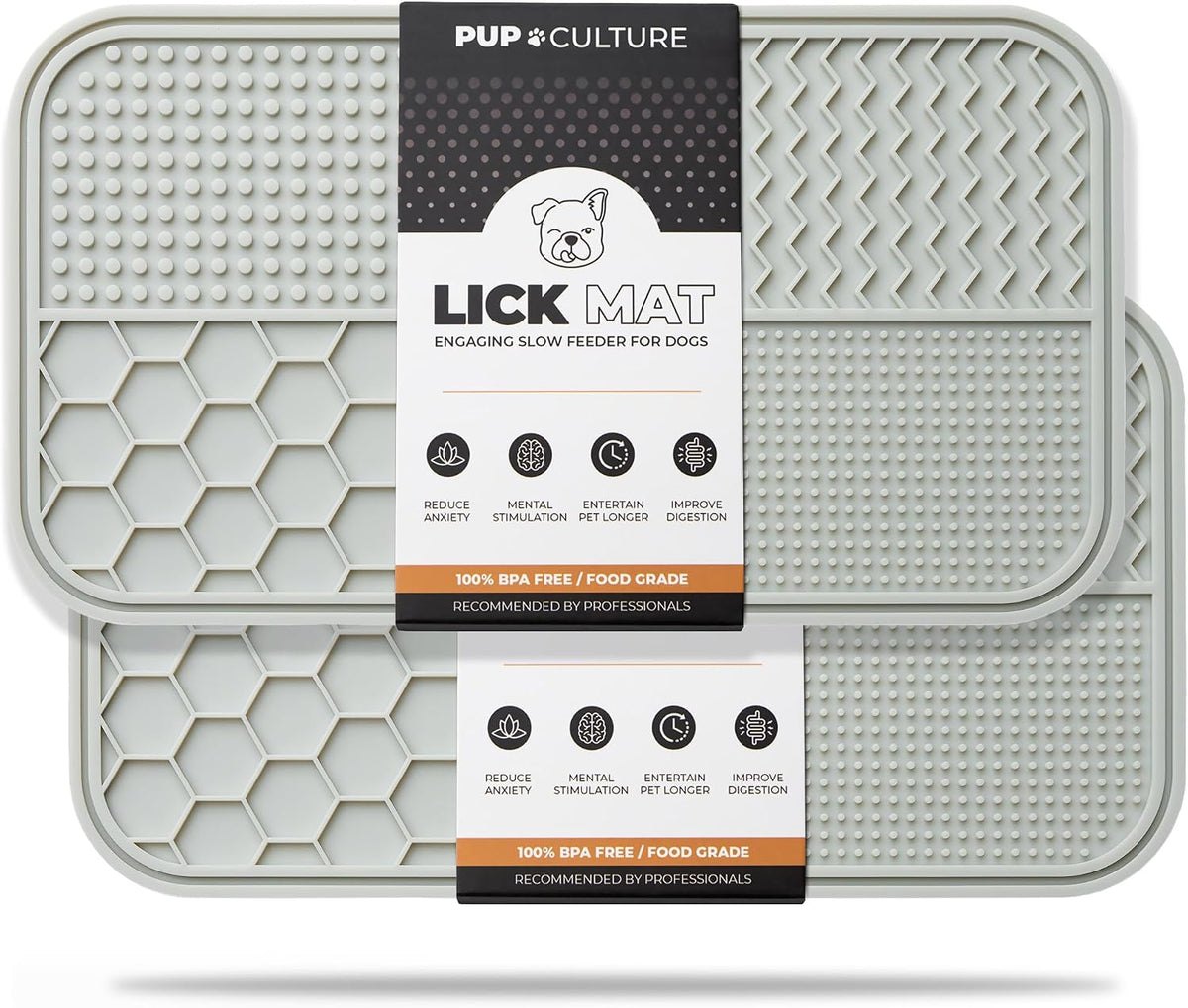 Dog Lick Mat for Dogs, Feeding Pad for Anxious Pets Plus 4 Different Puzzles for Mental Stimulation - 2 Pack / Grey