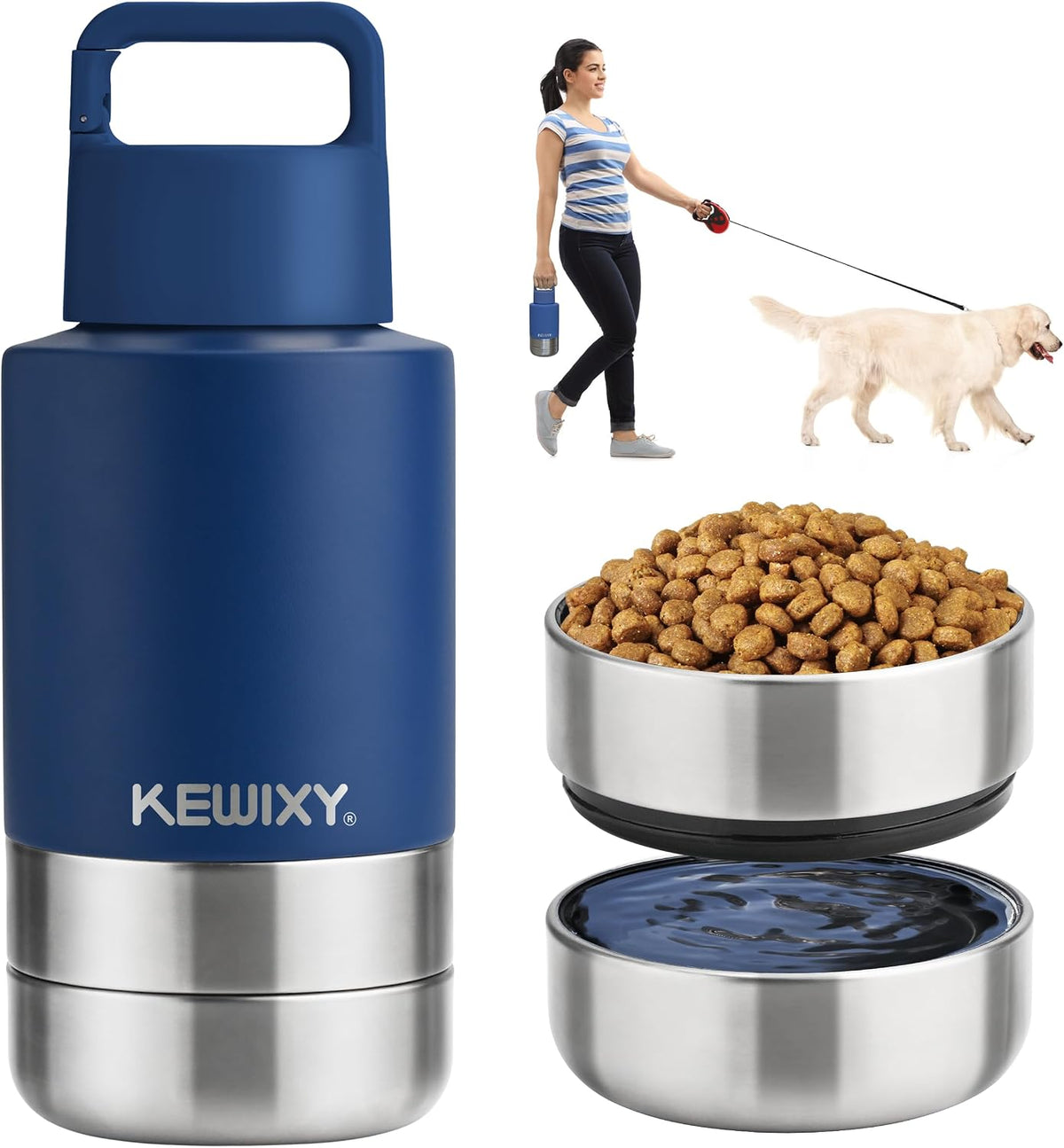 KEWIXY Insulated Dog Travel Water Bottle with Detachable Bowls - Navy Blue / 32 Oz