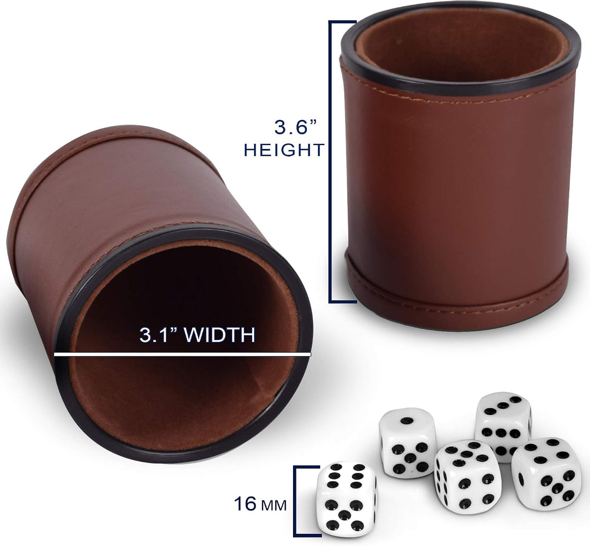 RNK Gaming brown PU leather dice cups with velvet lining, set of 5 with 25 white dice - view 4