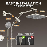 Veken Wide Rain Shower Head with 6 Modes Handheld Water Spray,High Pressure Showerhead Combo with Arm,Adjustable Dual Shower with Anti-Clog Nozzles, Brushed Nickel