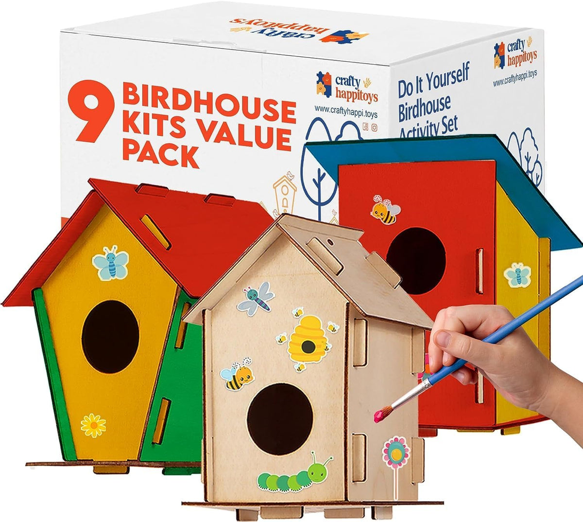 Crafty Happitoys 12 unfinished wood bird house kits for kids with paint and brushes - view 2