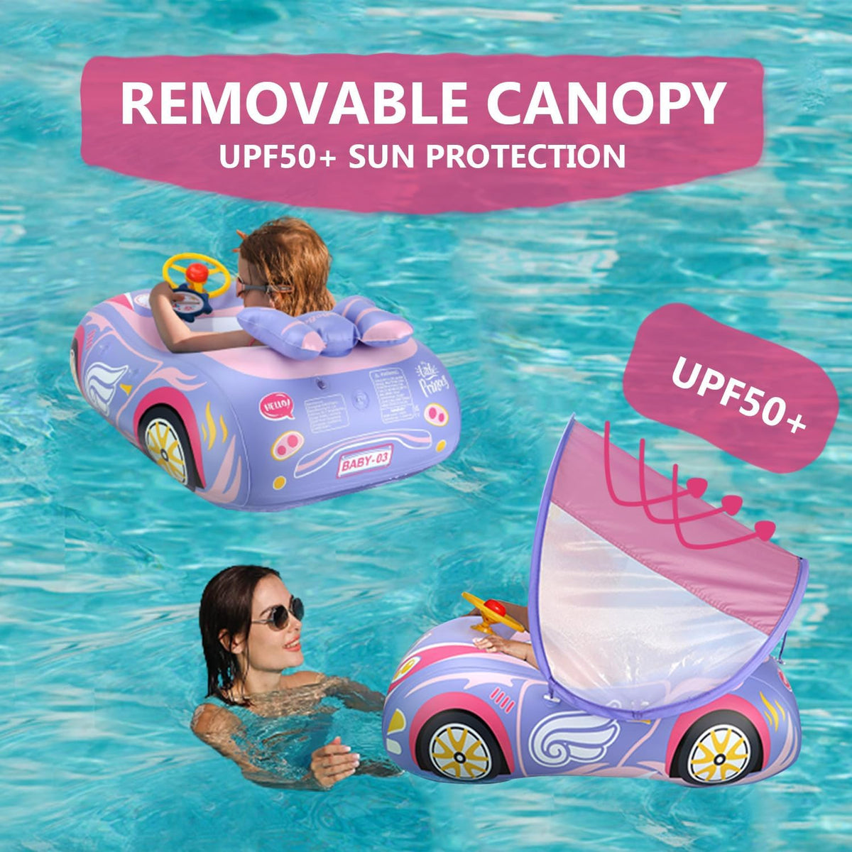 BOffer inflatable baby pool float shaped like a car with steering wheel and horn - view 13