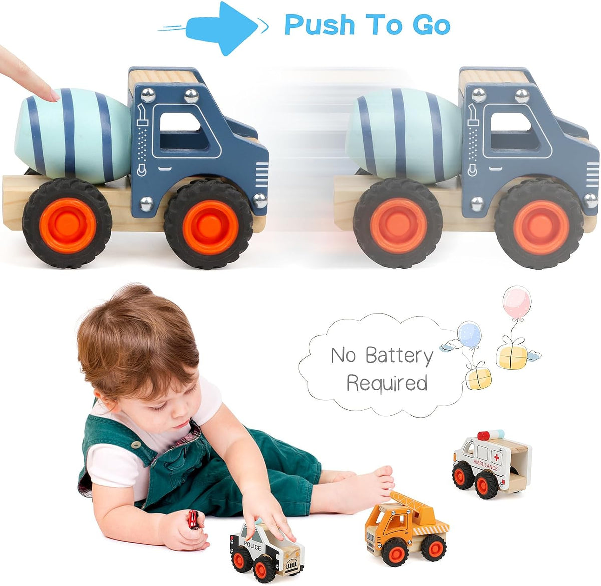 Dipalent wooden toy cars, six push and go vehicles including fire truck and police car - view 4