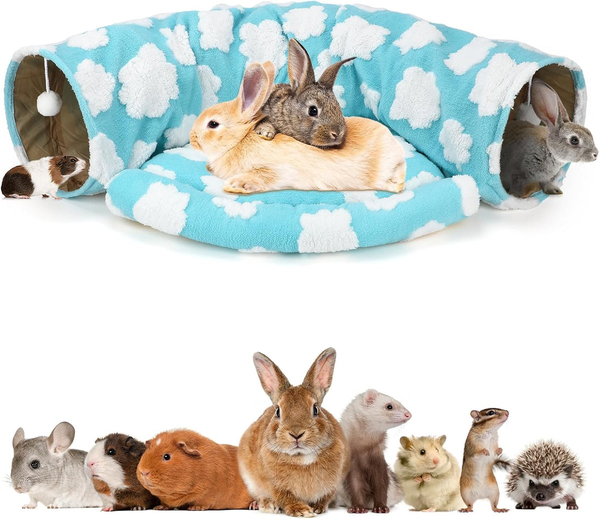 Bunny Tunnel Bed, 2-in-1 Collapsible Rabbit Tunnel Hideout with Mat – Essentials for Small Pets - Clouds Blue