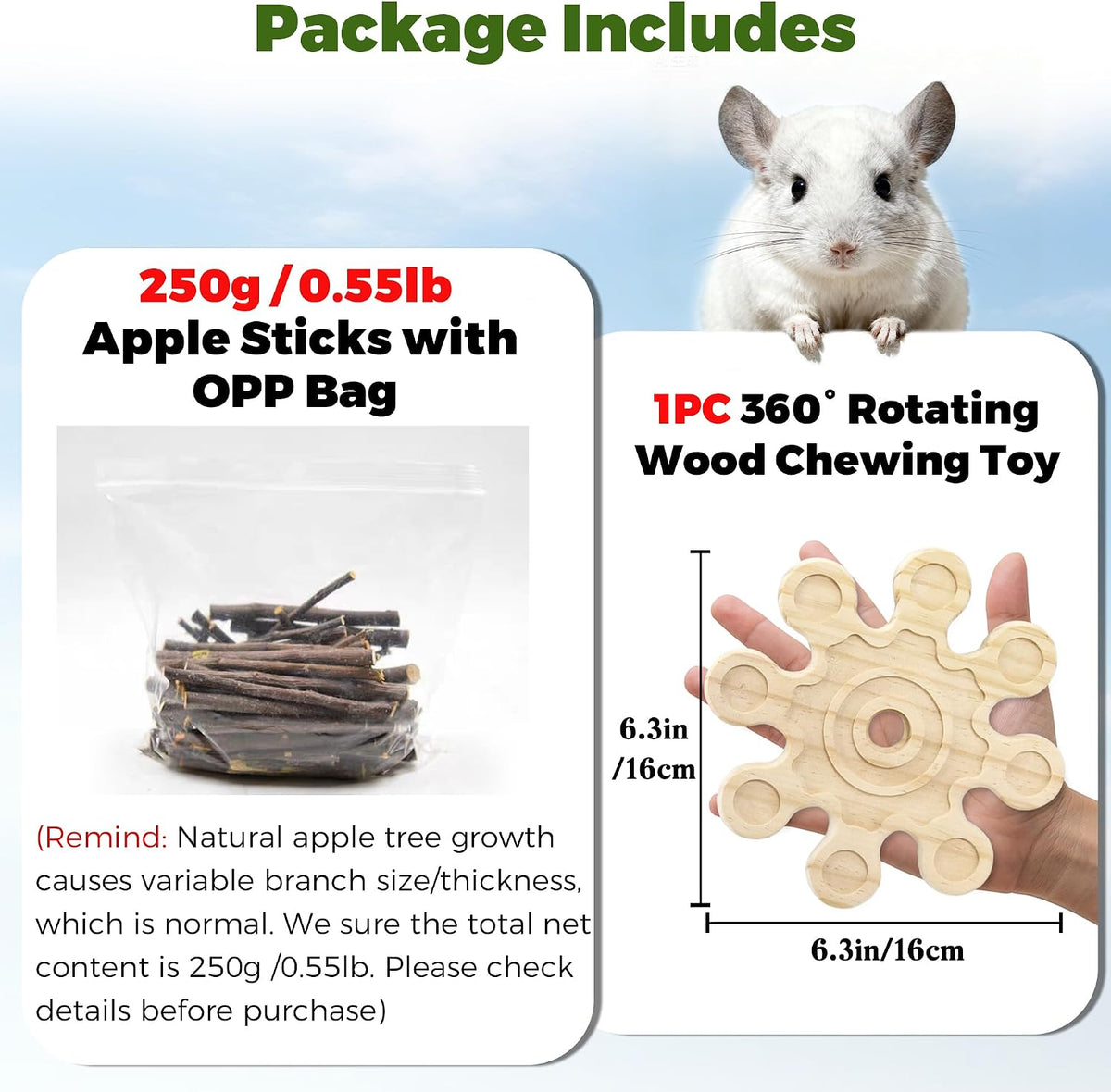 2Pcs Rotating Chinchilla Chew Toys - 2pcs / Small Chew Toy + 250g(0.55lb) Apple Sticks - image 2