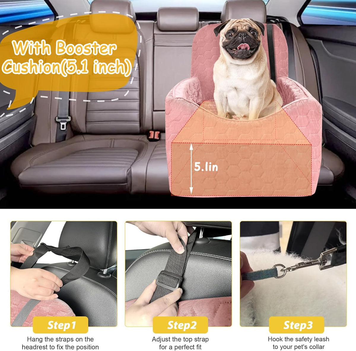 Dog Car Seat for Small/Medium Dogs, Memory Foam Dog Booster Seat - Pink / Medium - image 4