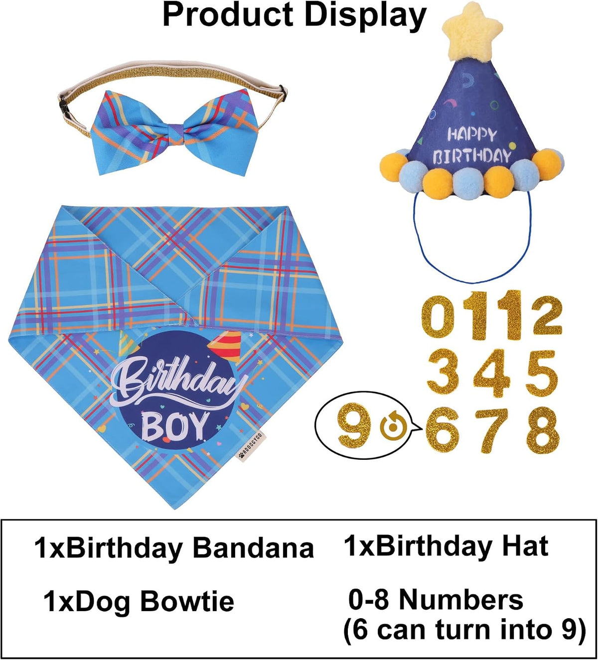 Dog Birthday Hat Bandana Set, Blue Plaid Boy Dog Bandana - Large / Sky Blue Boy - image 3