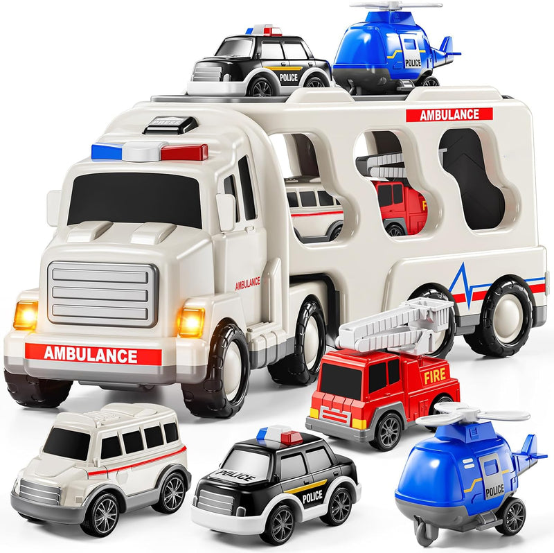 JUKUDAHU 5-in-1 ambulance toy truck carrier with helicopter, police car, fire truck and ambulance
