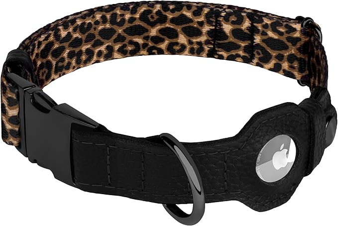 AirTag Dog Collar for Small Medium Large Breed - Adjustable Cute Pattern Dog Collar with Airtag Holder - Soft Leather Tracker GPS Apple Air Tag Pet Collars (X-Small, 9"-12" Neck Fit, Leopard)