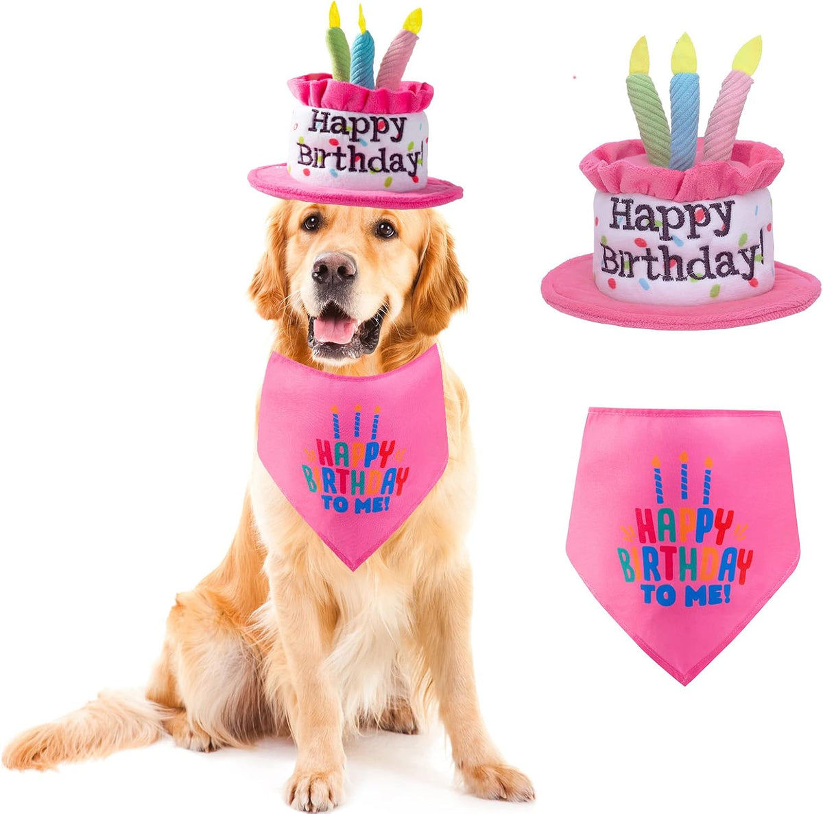 Large Dog Birthday Cake Hat & Bandana Set - Pink Hat & Bandana