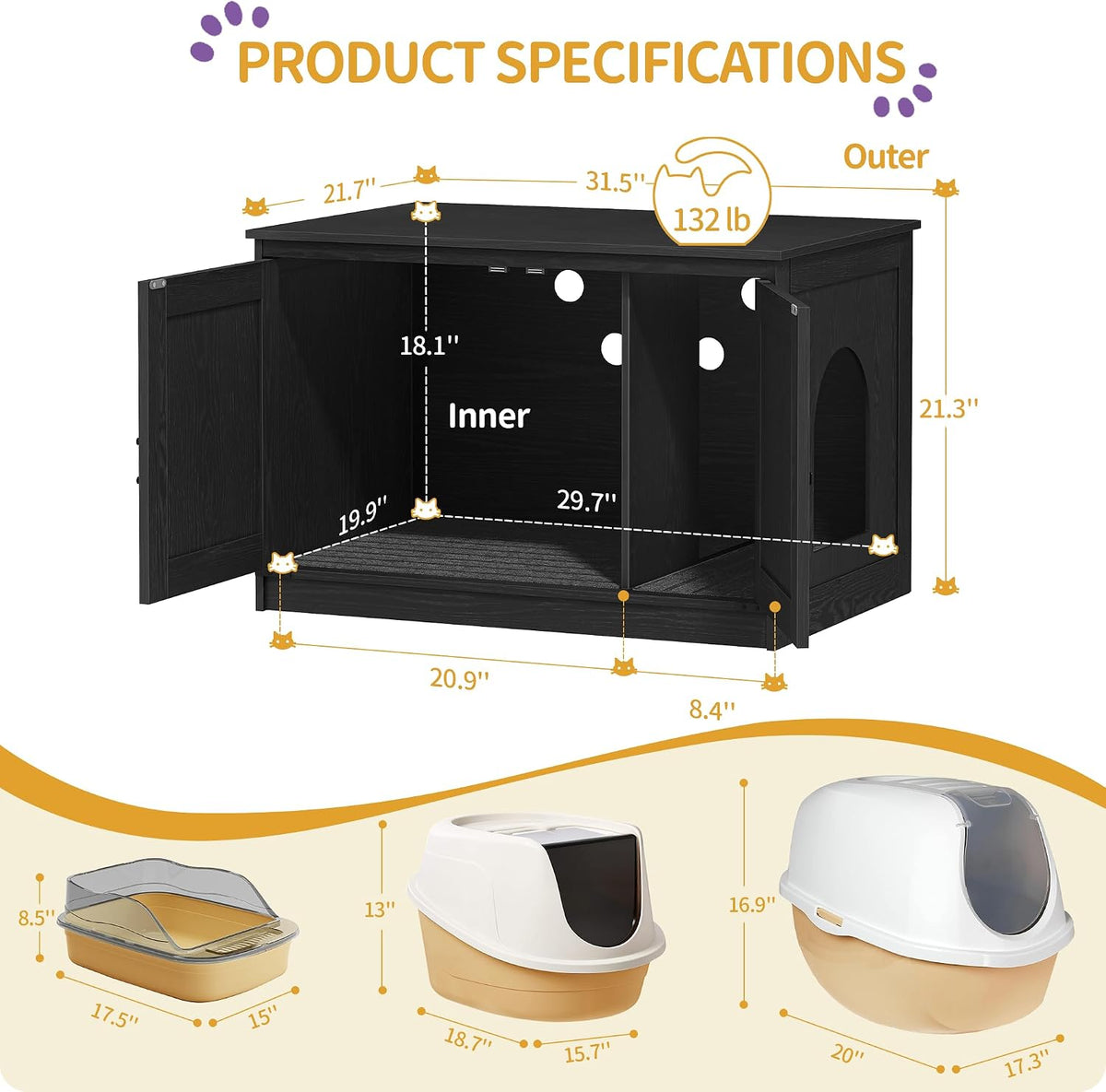 Hzuaneri Cat Litter Box Enclosure - Black / 31.5"L x 21.7"W x 21.3"H - image 2