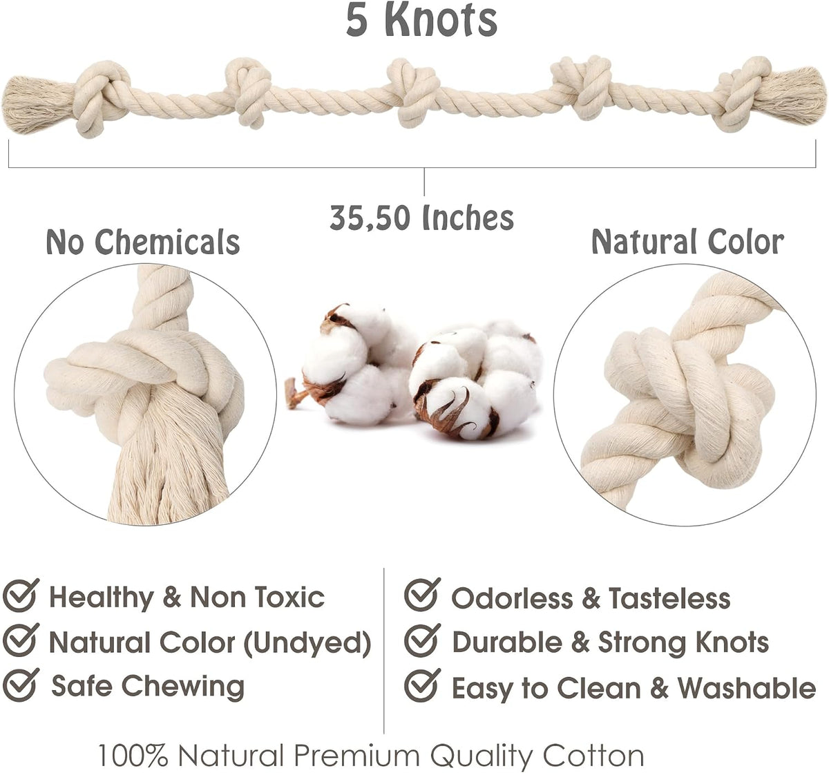 Barida Natural White Cotton Tough Dog Rope Toy for Medium & Large - Large (36.00") - image 3