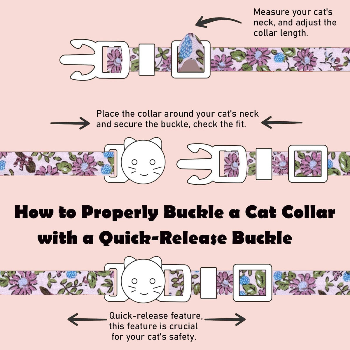2 Pack Cotton Breakaway Cat Collars Set with Bell and Flower Pendant - beige+dark pink - image 3