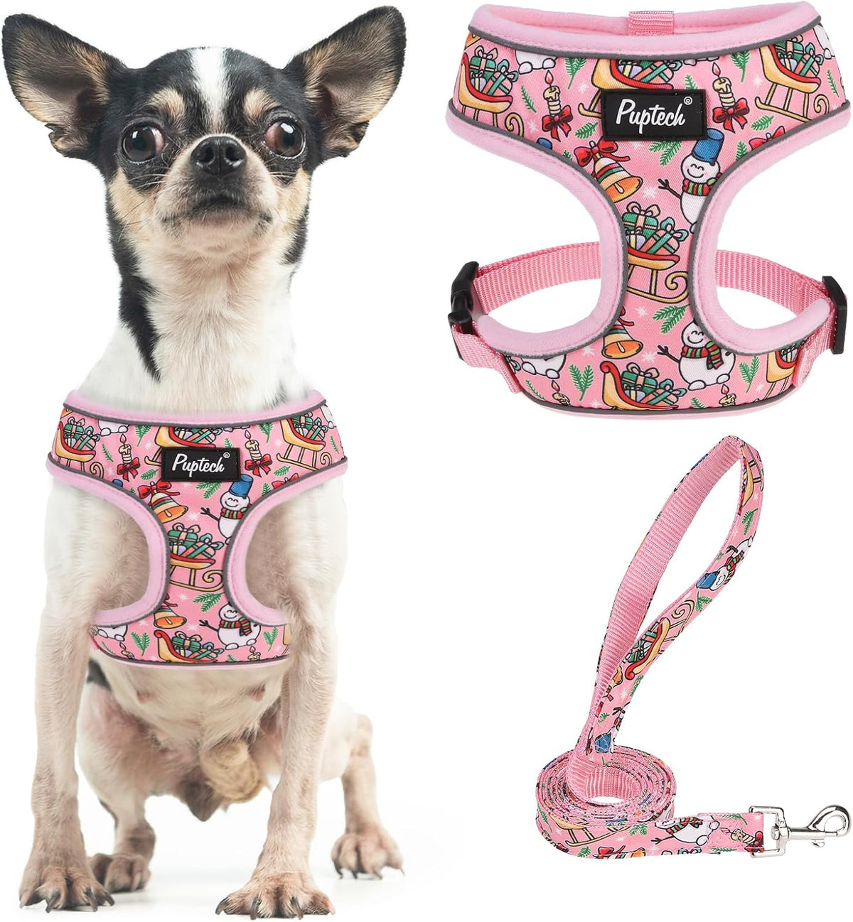 Pupteck Soft Mesh Dog Harness Sized and Leash Set Pet Puppy Cat - Pink (Snowmen) / S (NECK: 12", CHEST: 14"-18") / Classic over-the-head harness