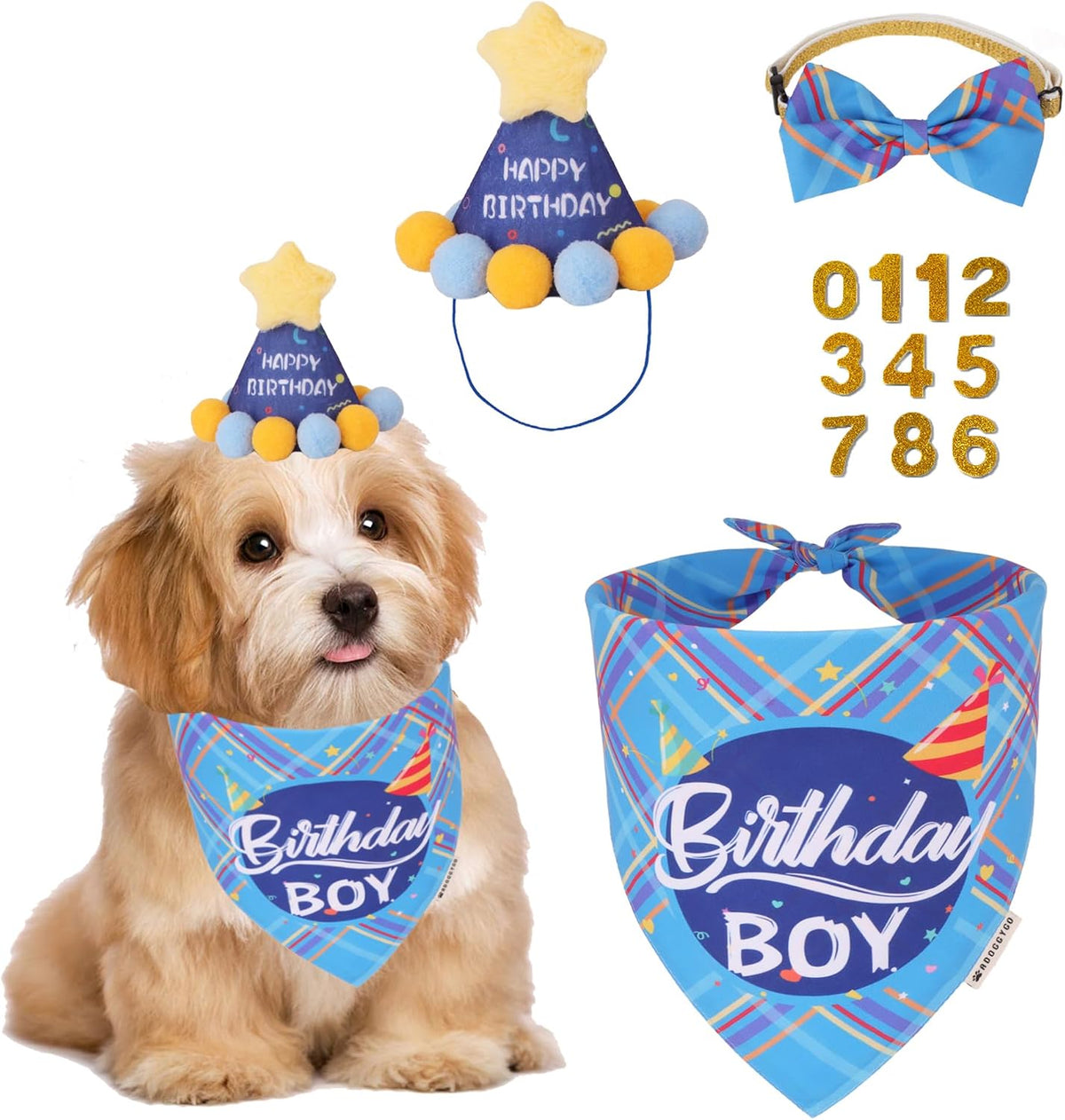Dog Birthday Hat Bandana Set, Blue Plaid Boy Dog Bandana - Small / Sky Blue Boy
