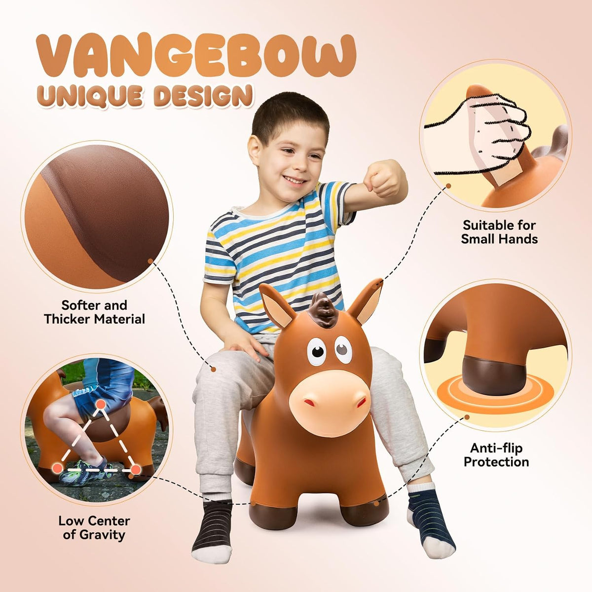 VangeBow Bouncy Horse Animal Hopper Toy for Toddlers 1-5 – Fun for Kids & Family - Brown Saddle Horse - image 3