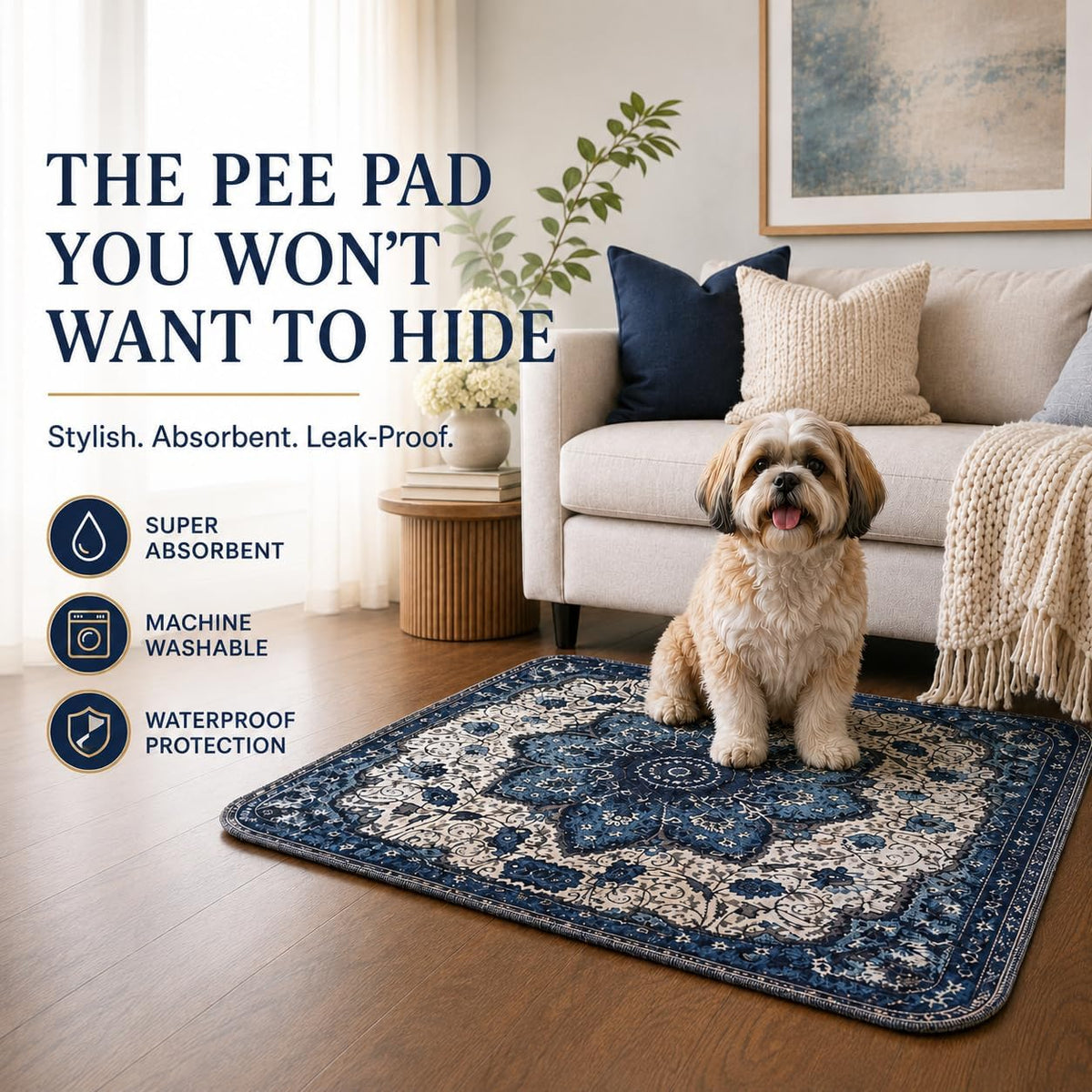 PUPIBOO Washable Pee Pads for Dogs and Cats - Blue Medallion / 36 x 36 Inch (Pack of 2) - image 2