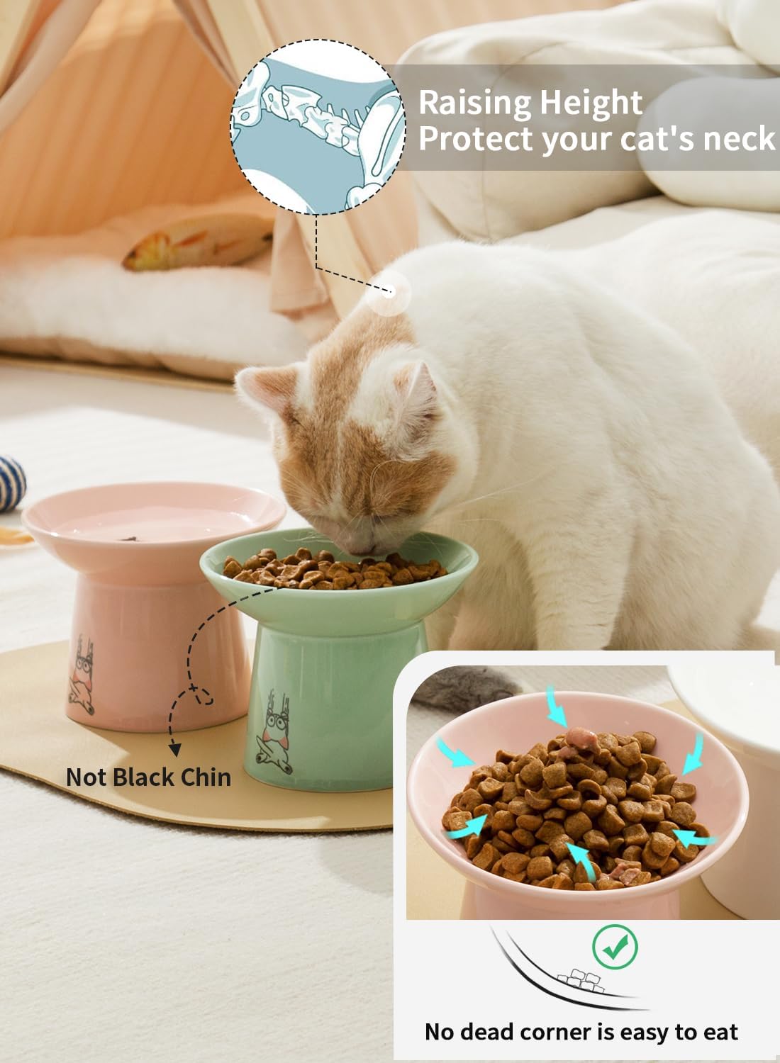 6.5 Inch Extra Wide Ceramic Elevated Cat Bowls - Green & Pink - image 4