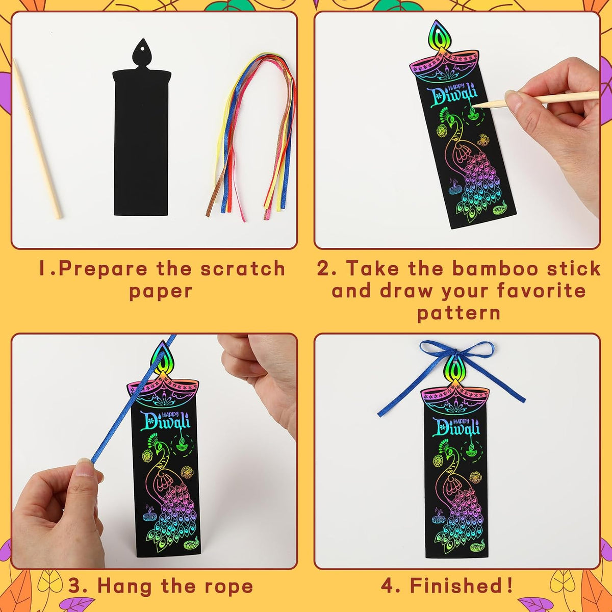 JUNEBRUSHS rainbow scratch art bookmarks with bamboo scratch sticks and colored satin ropes - view 14