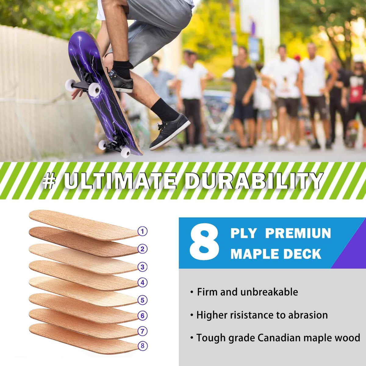 Skateboard,31 x 8 Inch Complete Skateboard, 8-Layer Maple Wood Deck Double Kick Standard - Purple - image 3