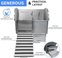 Professional Dog Grooming Tub, 62" Stainless Steel Dog Wash Station with Foldable Ramp, Storage Drawer, Floor Grate & Faucet/Dog Bathtub for Large, Medium & Small Pets - Left Door (62")