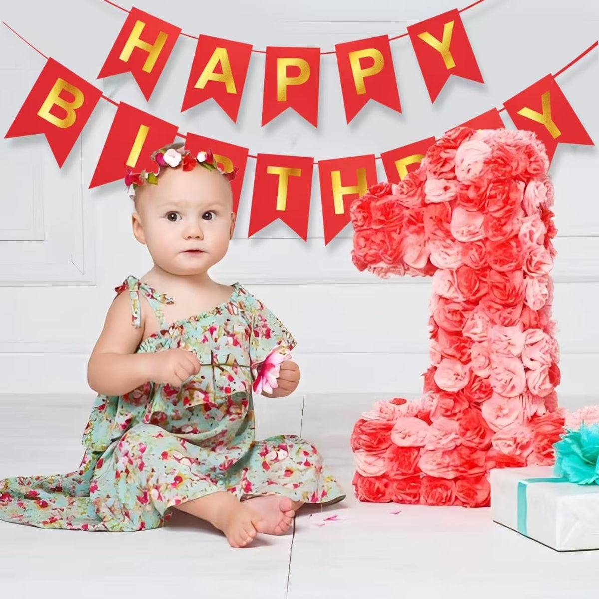 Happy Birthday Banner,Pre-Strung Black and Gold Party Decorations，16ft Pre-Strung Hanging Sign - red - image 2