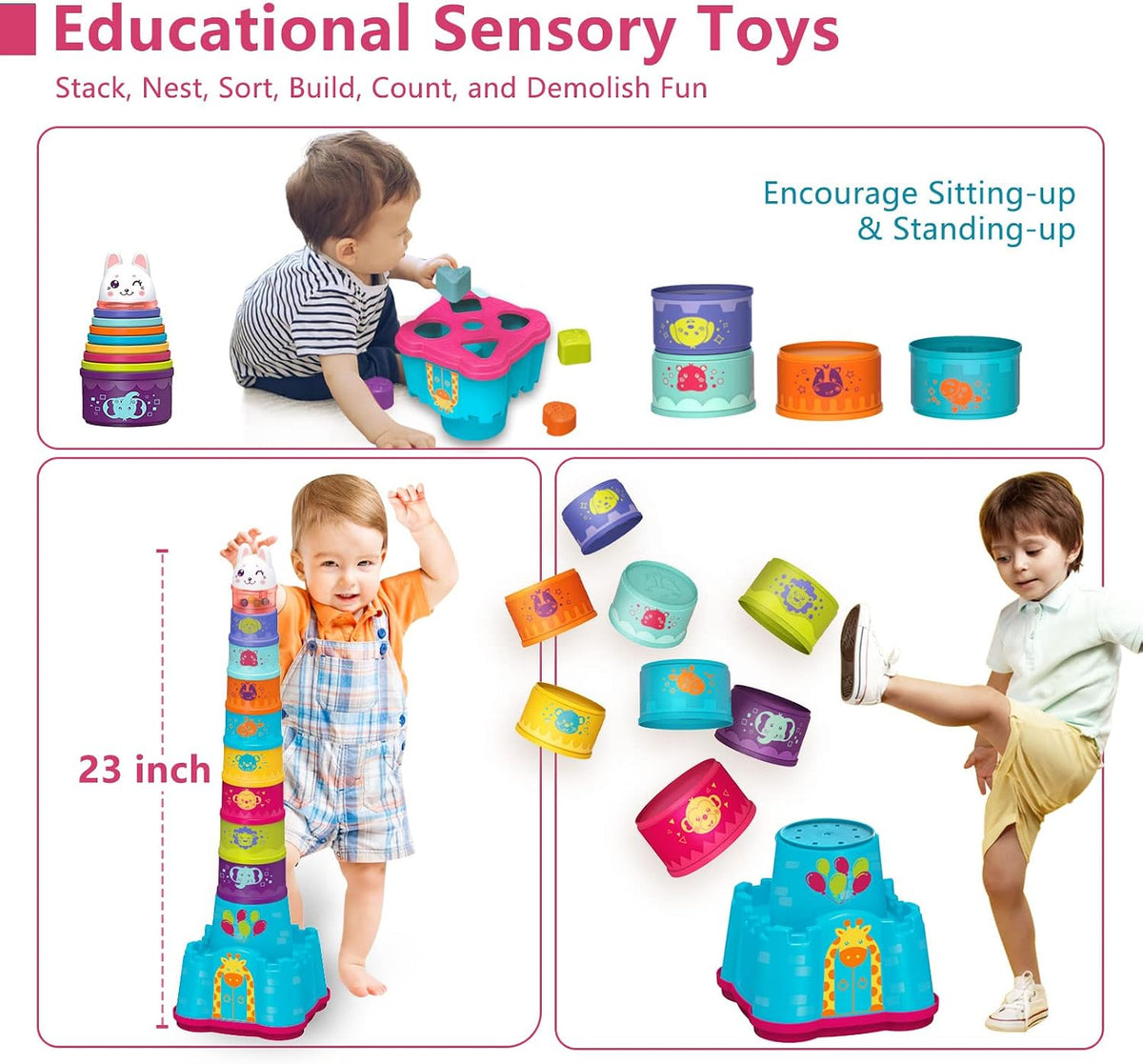 WOWOHAGE baby stacking cups with animals, shape blocks, castle sorter and frog - view 2