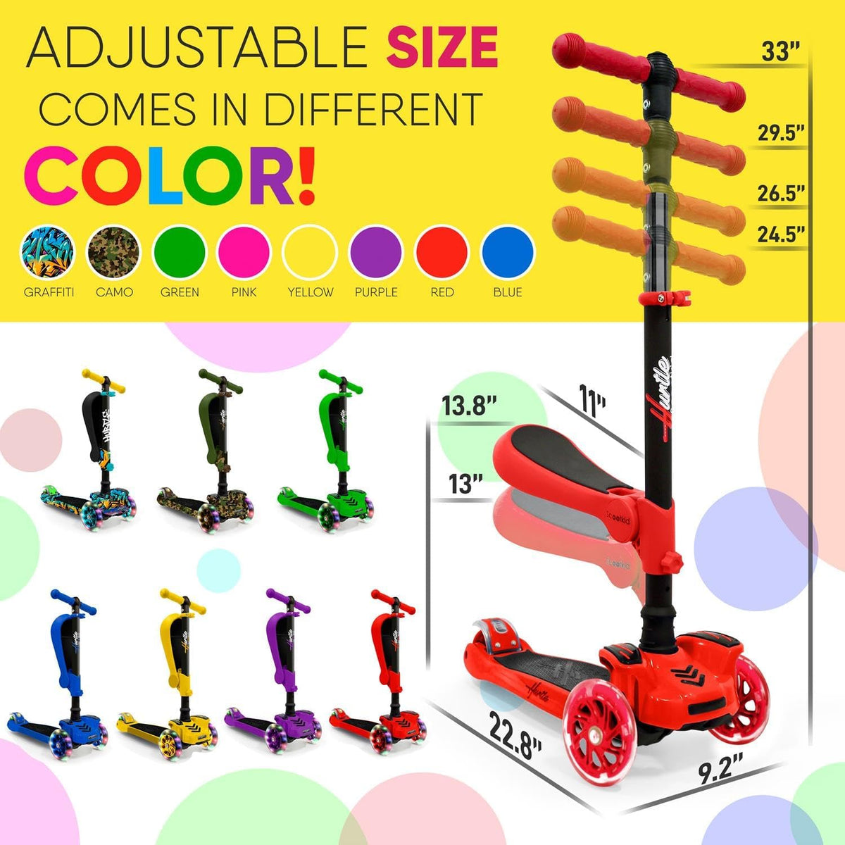Hurtle 3-Wheeled Scooter for Kids, Wheel LED Lights - Red - image 3