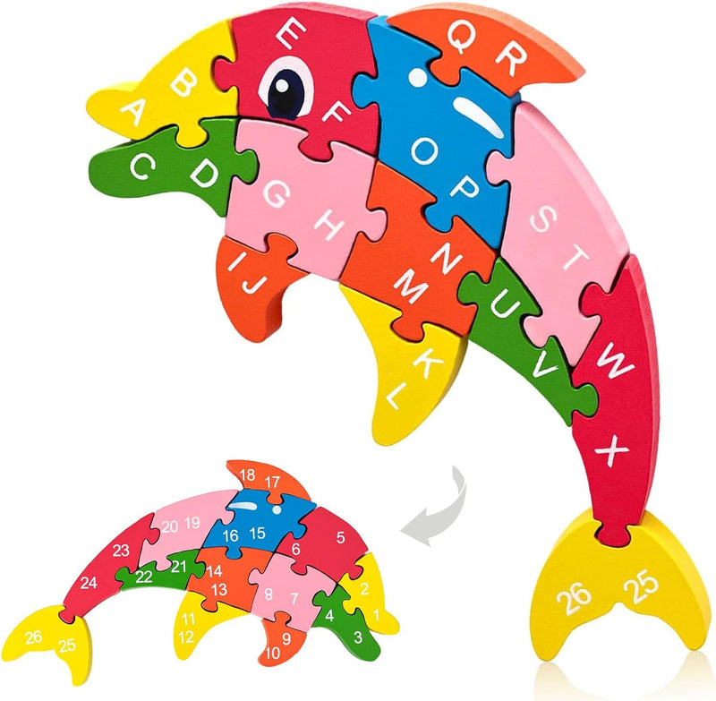 LovesTown Puzzle for Kids, Wooden, 3D Giraffe Shape – Fun for Kids & Family - Small / Dolphin