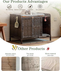 Cat Litter Box Enclosure Furniture with Divider, Handwoven Rattan Litter Box with Mat, 31.2 x 19.6 x 24.2 Inches, Metal Heightened Feet, Hidden Cat House for Living Room, Bedroom (Brown)