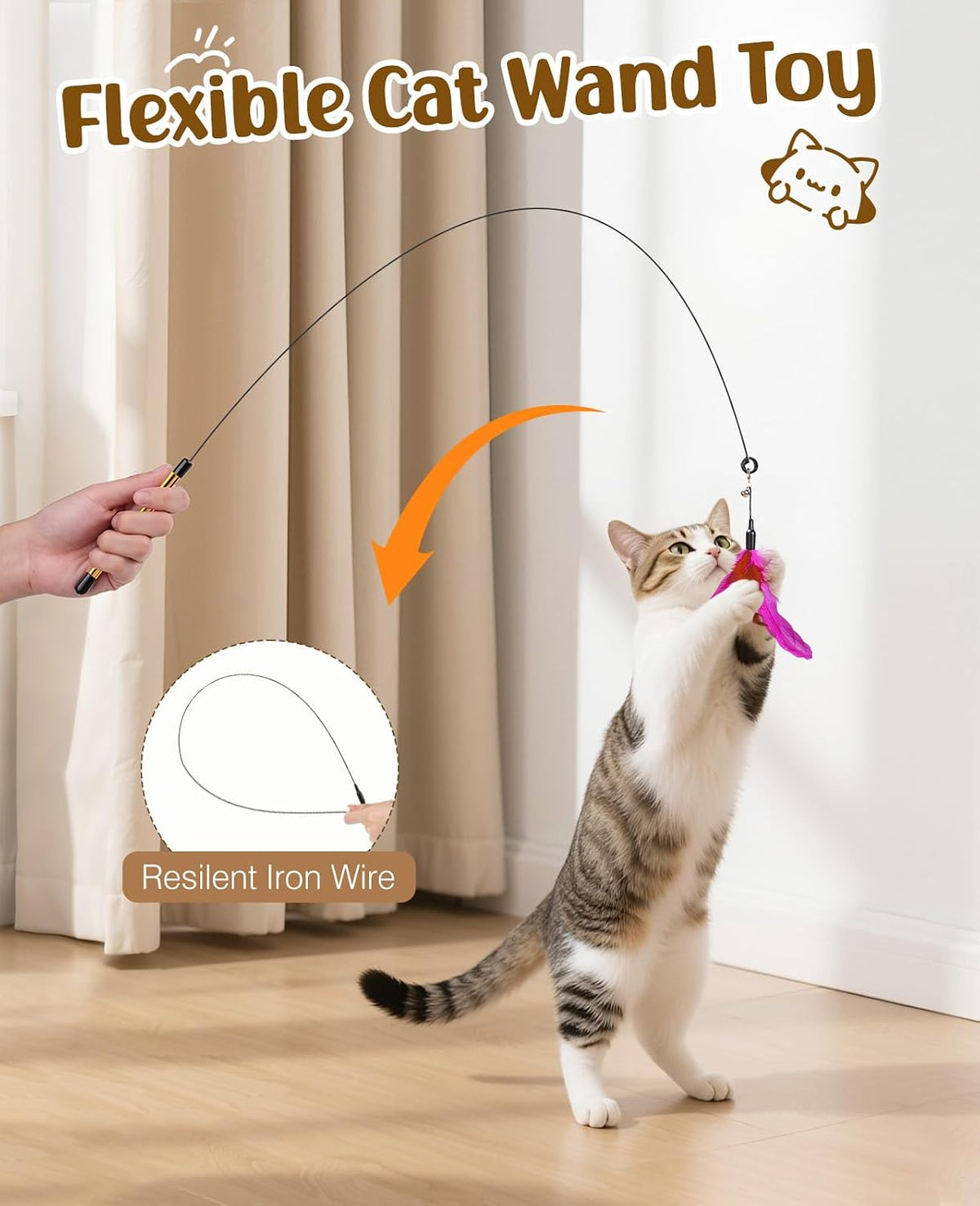 Pawaboo Cat Feather Wand Interactive Toy - Rose + Red Brown - image 2