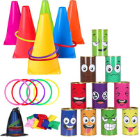 Hxezoc 36 piece carnival games set with cones, tin cans, bean bags and rings