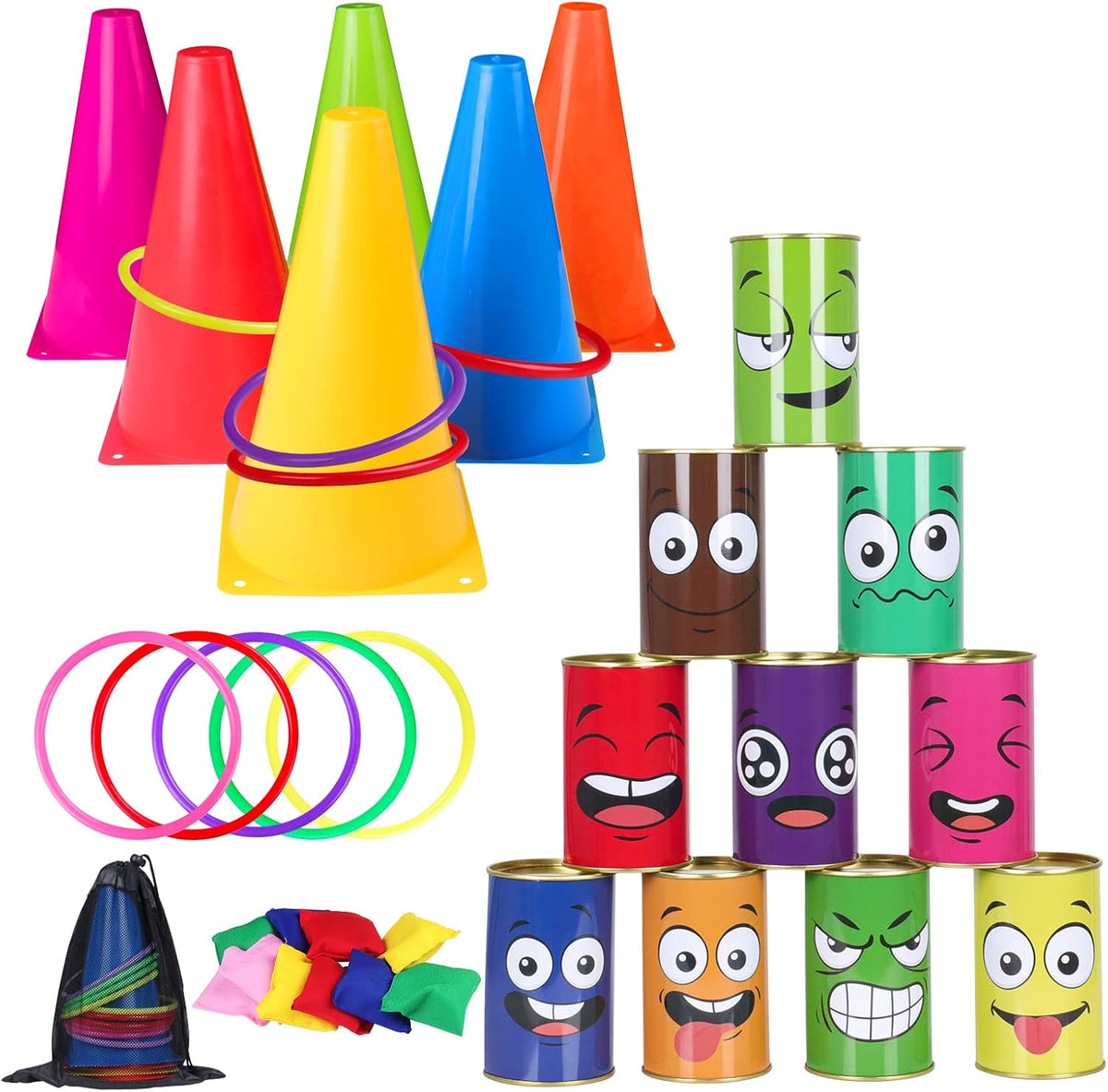 Hxezoc 36 piece carnival games set with cones, tin cans, bean bags and rings